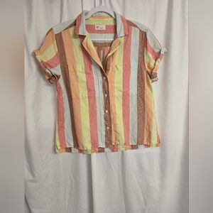 GAP Camp Brown Striped Boxy Button Down Linen Blend Shirt Size M